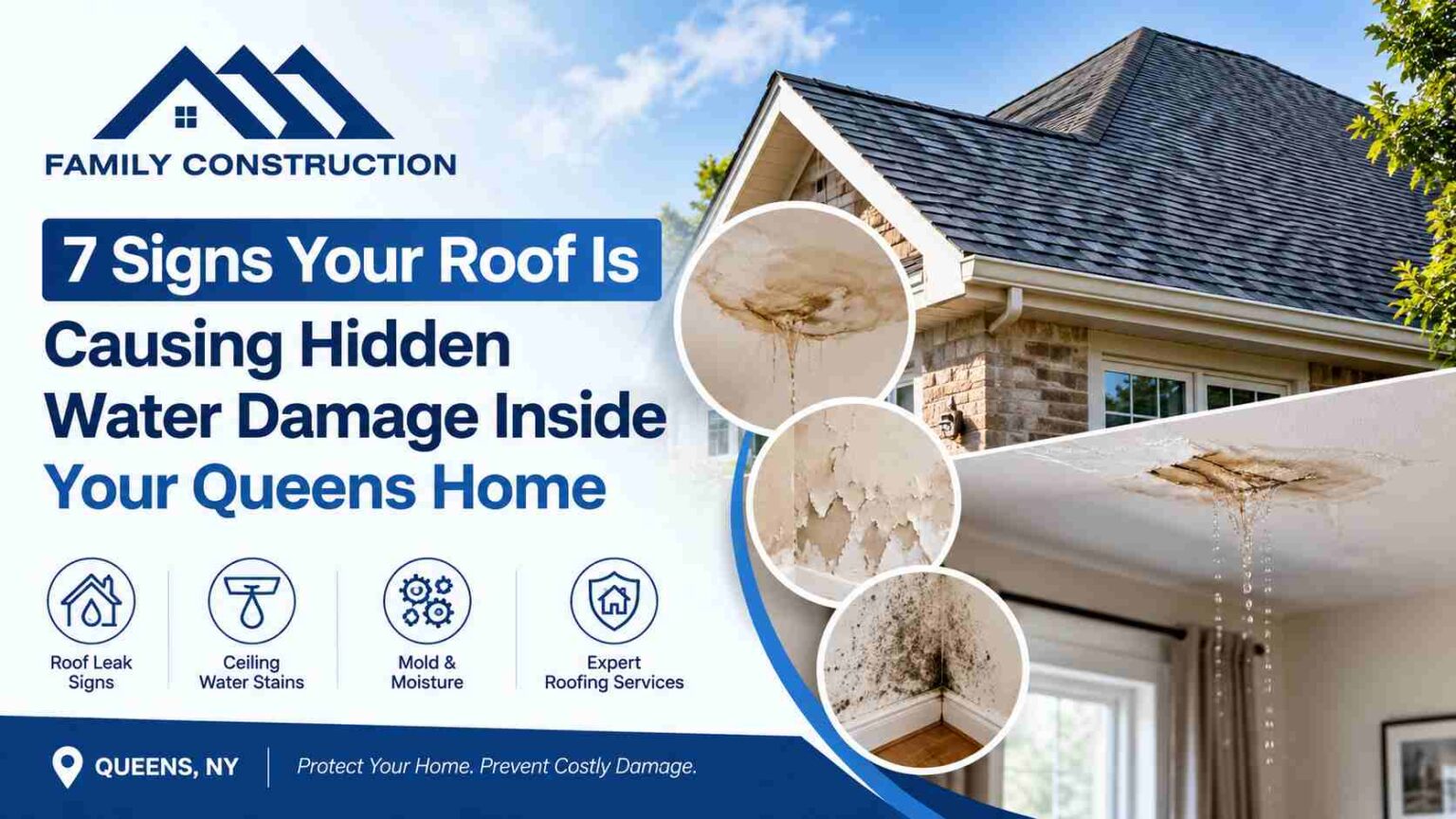 Roof water damage repair Queens NY showing roof leaks, ceiling stains, and hidden moisture.